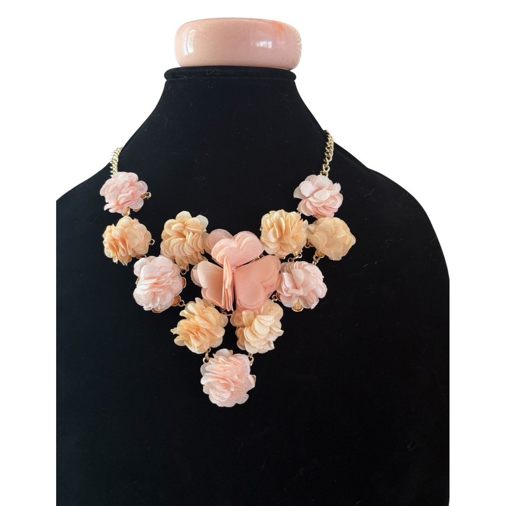 Pink & Peach Fabric Rose Necklace 15" Plus Vintage Pink Bangle Bracelet